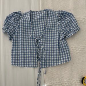 Blue Gingham Puff Sleeve Top